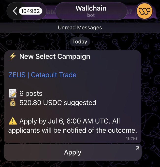 A screenshot of a Wallchain bot notification showing a new campaign for "ZEUS | Catapult Trade" offering 520.80 USDC for 6 posts, with an application deadline of July 6, 6:00 AM UTC and an "Apply" button at the bottom. The image confirms the post's point about Wallchain's $520 paid-post campaign structure, illustrating the platform's promotion-based model that enables users to monetize web3 content.