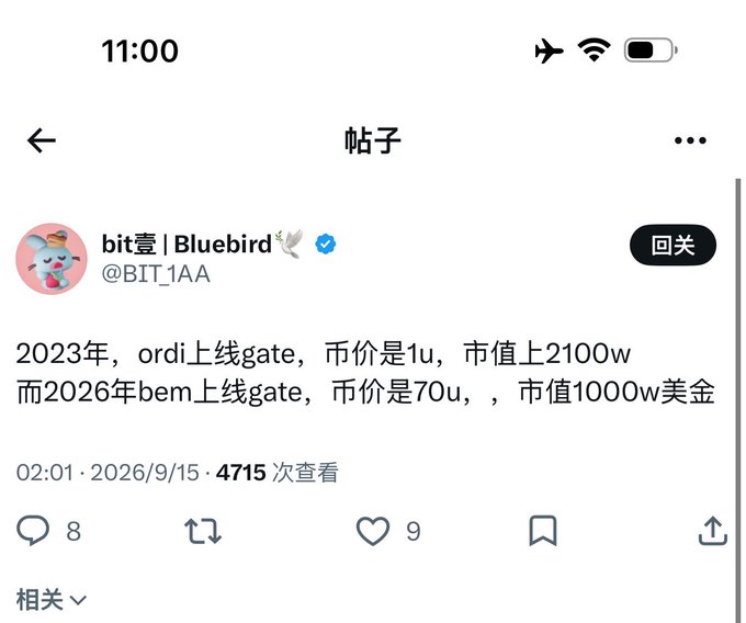 A screenshot of a Chinese-language social media post by user "bit壹 | Bluebird" (@BIT_1AA) noting that in 2023, ORDI had a price of 1u and market cap of 21M at Gate launch, while BEM launched in 2026 at 70u with 1000W USD market cap, which critics argue misleadingly compares circulating market cap to BEM's actual $1.4 billion total market cap to deceive retail investors into buying.