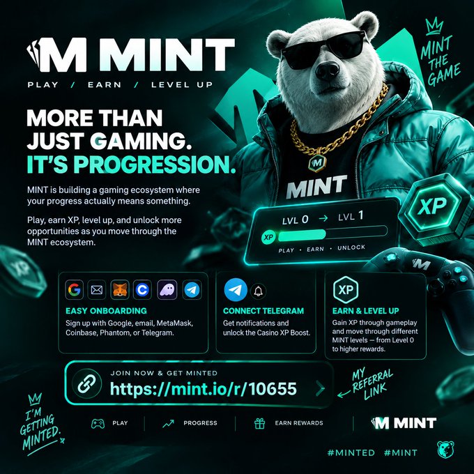 A promotional graphic for 'MINT' features a polar bear in sunglasses and chains, with text reading 'MORE THAN JUST GAMING. IT'S PROGRESSION.' and a referral link 'https://mint.io/r/10655'.