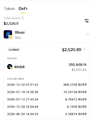 A phone screen displays a list of transactions, including the "RIVER" transaction with a total asset value of $2,539.86 and a date range from 2016-07-14 to 2021-06-16.