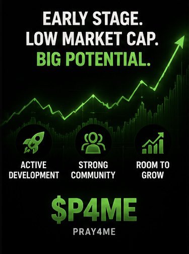 A dark crypto promotional graphic with a rising green line graph, stating 'EARLY STAGE. LOW MARKET CAP. BIG POTENTIAL.' and icons for 'ACTIVE DEVELOPMENT', 'STRONG COMMUNITY', and 'ROOM TO GROW', featuring the ticker '$P4ME' and 'PRAY4ME'.