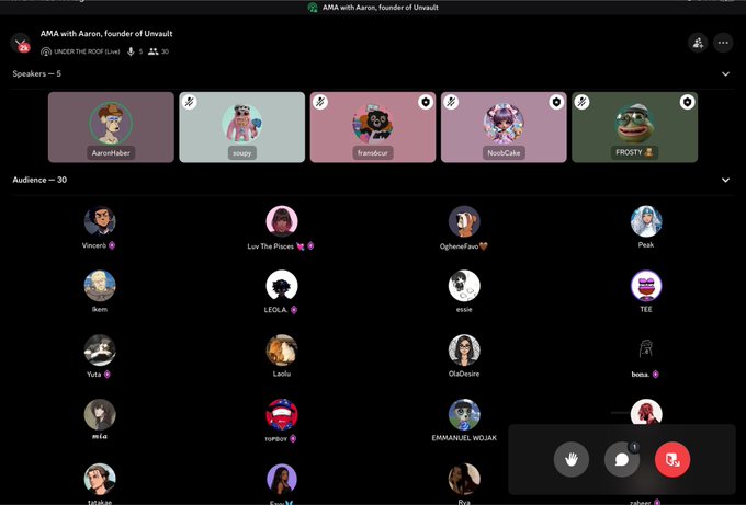 The screenshot shows a Discord voice channel titled "AMA with Aaron, founder of Unvault" held under "THE ROOF" with 5 speakers (including AaronHaber, loopy, francduc, NobiCake, and FROSTY) and 30 audience members visible, corresponding to the AMA session between Aaron Haber, Co-founder of Unvault, hosted by @N3RDROOF mentioned in the caption.