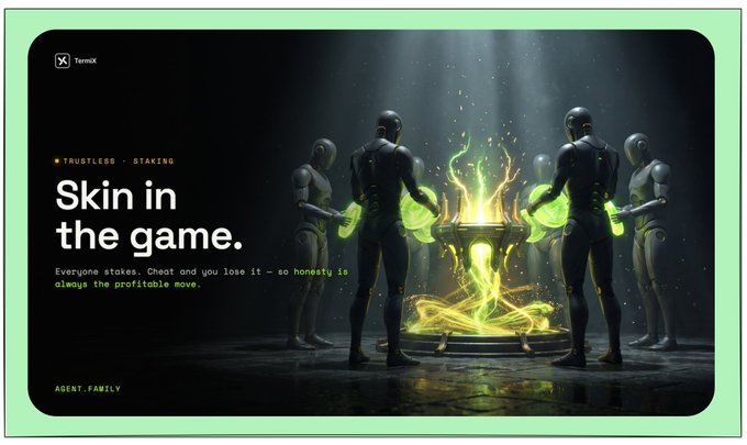 A promotional banner titled 'Skin in the game.' from Termix emphasizes trustless staking and features humanoid figures gathered around a glowing cauldron with the tagline 'Everyone stakes. Cheat and you lose it – so honesty is always the profitable move.'