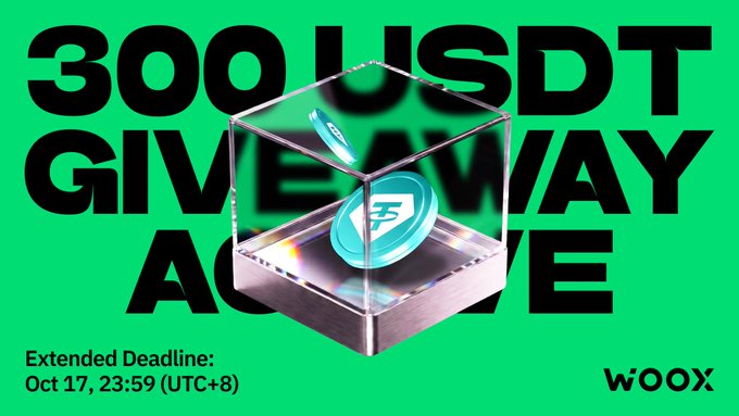 A green promotional banner for WOOX featuring a glass cube containing a USDT coin, with text announcing a "300 USDT GIVEAWAY" and "ACTIVE", along with an "Extended Deadline: Oct 17, 23:59 (UTC+8)".