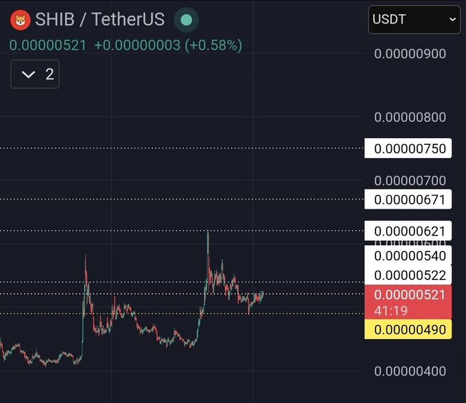 A cryptocurrency trading chart displays SHIB/TetherUS (USDT) trading at 0.00000521, up 0.58% (+0.00000003), with the price consolidating between the highlighted support level of 0.00000490 and resistance levels of 0.00000522, 0.00000540, and 0.00000621. The candlestick pattern visually reinforces the post's analysis of SHIB building a base, showing price compression within this key range ahead of a potential breakout.