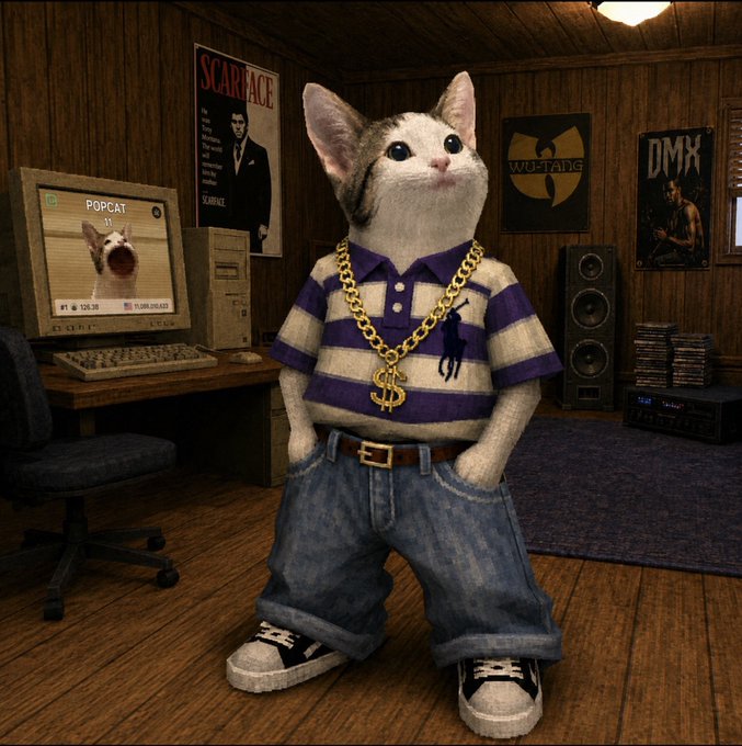 A humorous 3D render of an anthropomorphic white and grey cat standing on hind legs, wearing a purple and white striped polo shirt, baggy jeans, sneakers, and a large gold chain with a dollar sign pendant, standing in a wood-paneled room with Scarface, Wu-Tang, and DMX posters, plus a computer displaying 'POPCAT'.