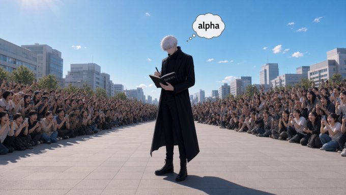 A figure with white hair and a long black coat stands in an open plaza writing in a notebook, with a thought bubble reading 'alpha', surrounded by a large crowd of onlookers with phones.