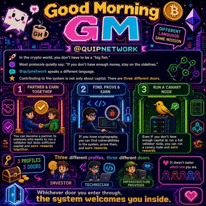 The image features a colorful poster promoting a cryptocurrency called "Good Morning GM" (Good Morning GM). The poster includes various cartoon characters representing different aspects of the crypto world, such as a person with a laptop, a person holding a cup of coffee, and a person wearing a hat. The text on the poster highlights that anyone can participate in the crypto ecosystem, regardless of their capital or background. This message is emphasized by the use of vibrant colors and playful illustrations, making it an eye-catching advertisement for the cryptocurrency.