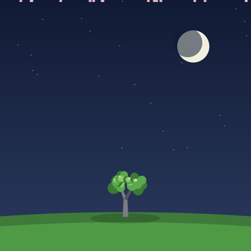 A simple 2D animated scene of a lone tree on a green hill under a starry night sky with a crescent moon.