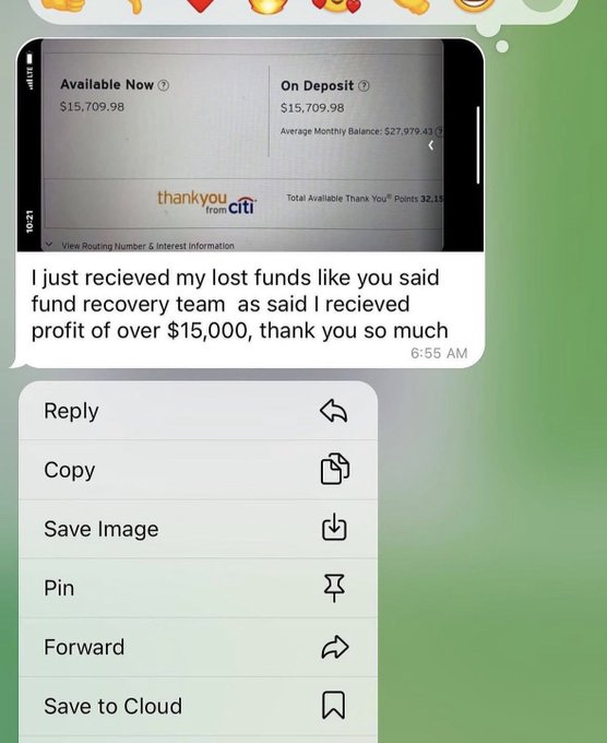 A screenshot of a mobile phone messaging app showing a text message claiming to have received over $15,000 in lost funds, with a context menu overlay displaying Reply, Copy, Save Image, Pin, Forward, and Save to Cloud options.
