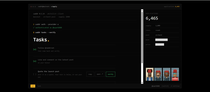 A dark-themed webpage for radid-0.1.0 mintlist shows tasks for followers, a quote task for @purie4886, supply of 2,300, chain icah, and mint price, with pixel art mint options on the right.