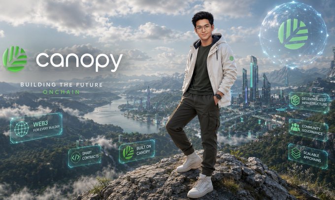 A promotional graphic for "canopy" with the tagline "BUILDING THE FUTURE ONCHAIN," showing a man standing on a mountain peak overlooking a futuristic city, surrounded by floating feature tags like "WEB3," "SMART CONTRACTS," and "SCALABLE APPS."