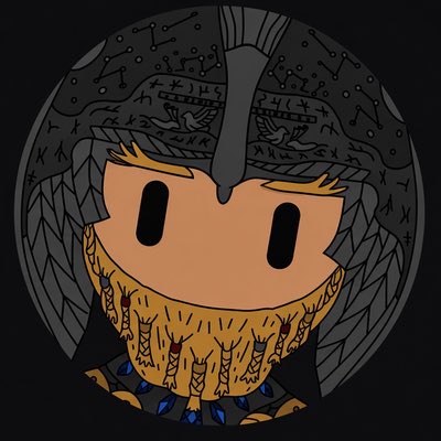 A circular cartoon-style illustration of a bearded warrior character with orange hair wearing a horned helmet.