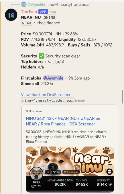A Telegram message showing crypto token details for NEAR INU ($NINU) on Rhea Finance, displaying a price of $0.0000774, FDV 774,218, Liquidity 127,530.87, and a 39.68% increase in 1 hour, with a Dex Screener link for NINU $621.42K.