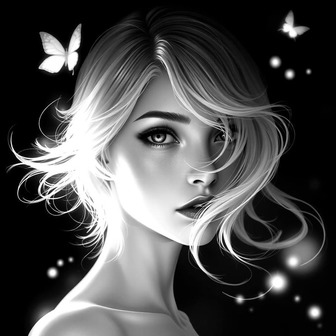 A black and white digital illustration of a woman with flowing white hair and striking eyes, surrounded by glowing butterflies and light orbs against a dark background, symbolizing the ethereal beauty and celebration of the artist's digital artwork sold on @objktcom.