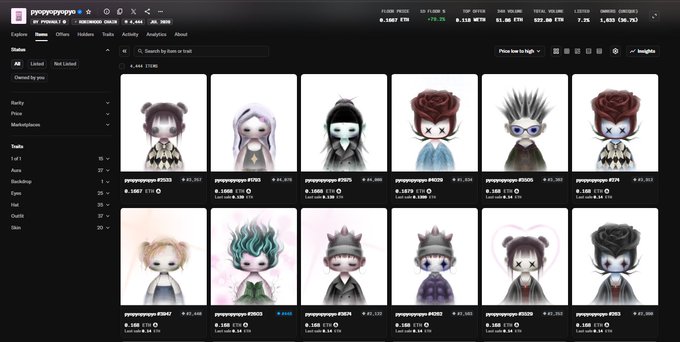 A dark-themed NFT marketplace showing the "psyopupyeggs" collection with various egg character avatars displayed in a grid. The image shows portfolio stats including $0.3887 ETH per NFT and total values, paired with a caption celebrating how the project's floor price increased from $50 to $320.