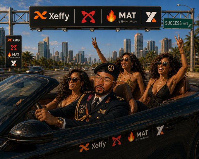 A vibrant AI-generated promotional image featuring 'Xeffy', 'X', and '🔥 MAT' branding on highway signs and a convertible car driven by a military-style man with celebrating women passengers in a Miami-like cityscape.