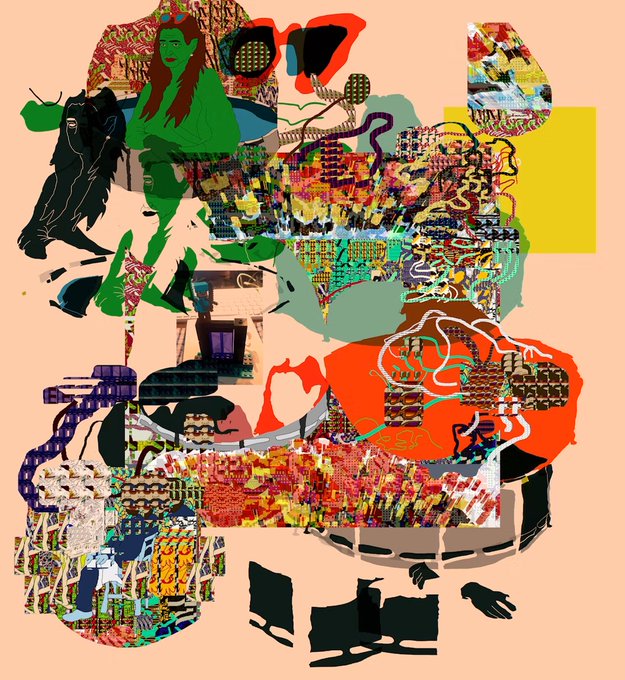 A vibrant, chaotic digital collage artwork filled with abstract shapes, textured patterns, and bold colors like red, green, and yellow, featuring a green figure with dark hair near the top left.