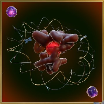 The image features a 3D rendering of a virus, with its particles floating around in a complex pattern against a dark background. The virus appears to be composed of red spheres connected by thin lines, giving it an abstract and intriguing appearance. The text "Stills from 'Recalcitrance' 9 eds at 13 xtz" is present near the bottom right corner of the image, which may provide some context about the artist or the series behind this digital artwork.
