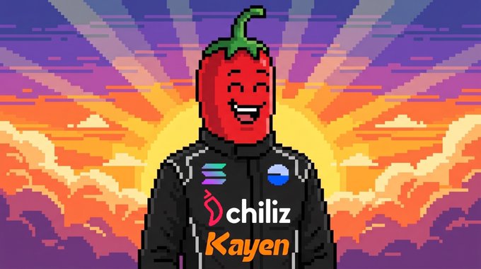 A pixel art illustration of a smiling red chili pepper character wearing a black jacket with "chiliz" and "Kayen" text, set against a vibrant sunset sky.
