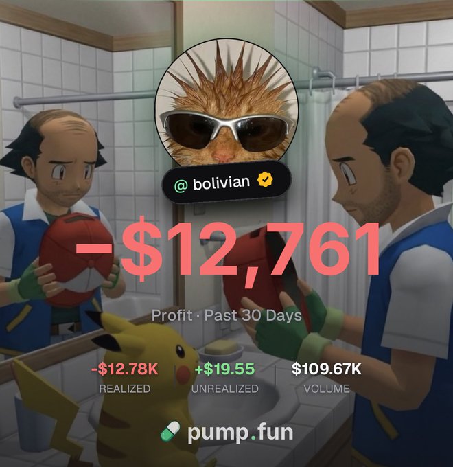 An image showing a trading performance dashboard of -$12,761 over the past 30 days, with realized losses of -$12.78K, unrealized gains of +$19.55, and volume of $109.67K under the username "@_bolivian_" on pump.fun, overlaid on a meme of Pokémon trainers looking dejected. The caption illustrates a rough trading month on Solana following bad advice from KOLs promoting Robinhood-listed coins.