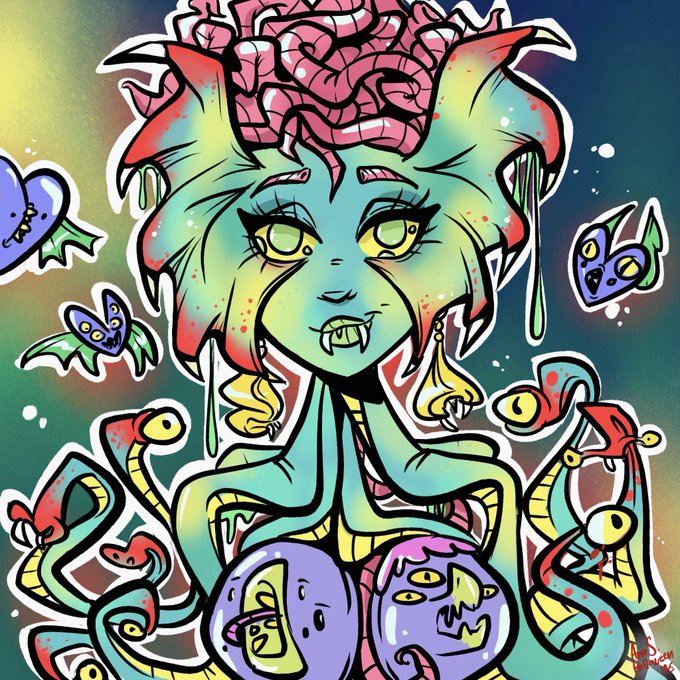 A vibrant, surreal digital illustration of a blue-green Medusa-like character with a pink rose-shaped brain, fanged smile, and serpentine hair, surrounded by colorful butterflies and small purple figures, embodying the bold, fierce energy of the "Vixen" caption.