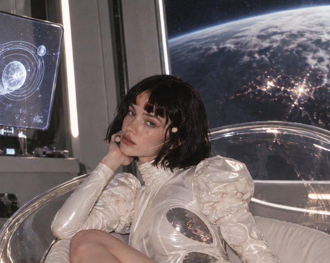 A dark-haired woman in a futuristic white outfit with a transparent helmet panel sits in front of a window showing Earth from space, with a holographic display of a planetary system visible in the background.