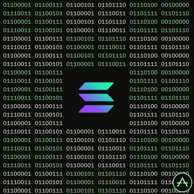 Binary code (green and white 0s and 1s) on a black background with a purple-to-cyan gradient Solana logo in the center and a small green 'A' icon in the bottom right corner.