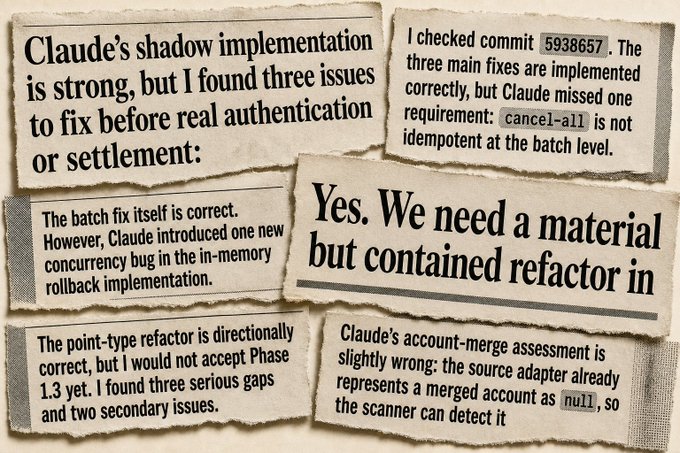 The image is a collage of torn-paper snippets showing a critical code review, featuring quotes like "Claude's shadow implementation is strong, but I found three issues to fix before real authentication or settlement," "I checked commit 593657," and "Yes. We need a material but contained refactor in." The post suggests Sol (high reasoning) caught multiple bugs and gaps in Claude/Opus's implementation, illustrating that the cheaper AI reviewer actually delivered stricter, more accurate code review than Opus the executor.