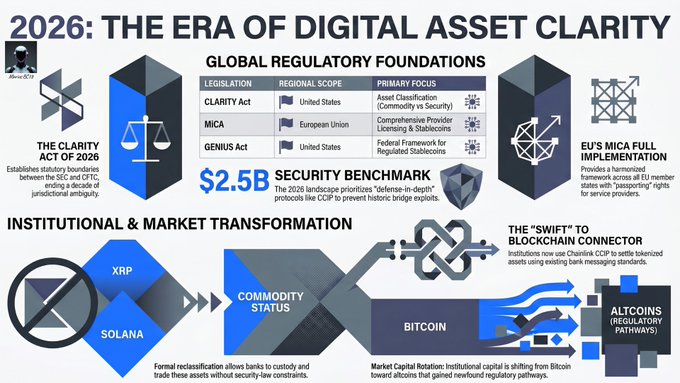 In 2026, the era of digital asset clarity will unfold with two dominant players taking center stage - Bitcoin and Ethereum, while Solana, a lesser-known cryptocurrency, is also preparing for battle. These digital assets are poised to face a survival or success test in the market, where only those who can adapt and thrive will emerge victorious. The post highlights that the global regulatory foundation has already shifted its focus towards these two prominent players, with Bitcoin and Ethereum at the forefront of this transformation. As a result, real utility is prioritized over decentralization, and compliance becomes key to ensuring survival in the market.