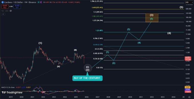 A TradingView chart for 'Cardano / US Dollar' (ADA) on the weekly timeframe, showing an Elliott Wave analysis with a highlighted projection called 'BUY OF THE CENTURY' pointing to potential long-term targets up to $215.