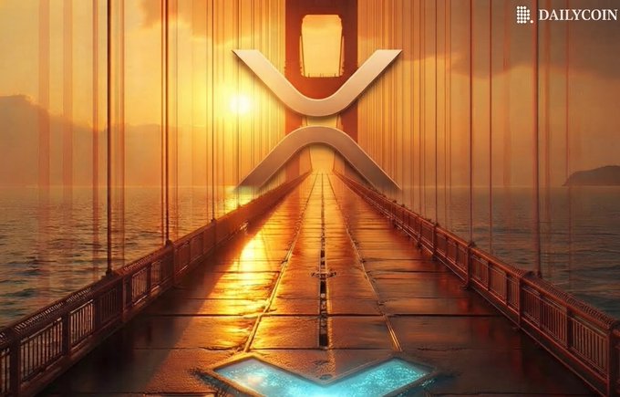 A sunset view of the Golden Gate Bridge with a large XRP cryptocurrency logo superimposed over the bridge towers, with 'DAILYCOIN' watermark in the corner.