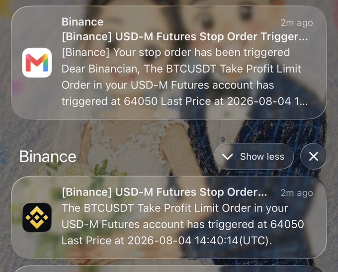 Mobile notifications from Binance and the Binance app indicating that a BTCUSDT Take Profit Limit Order in a USD-M Futures account has been triggered at 64050.