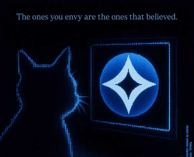 A stylized blue-tinted illustration of a cat looking at an Ethereum logo on a screen with the quote 'The ones you envy are the ones that believed.' credited to Tokyo, made in Japan/JB2300.