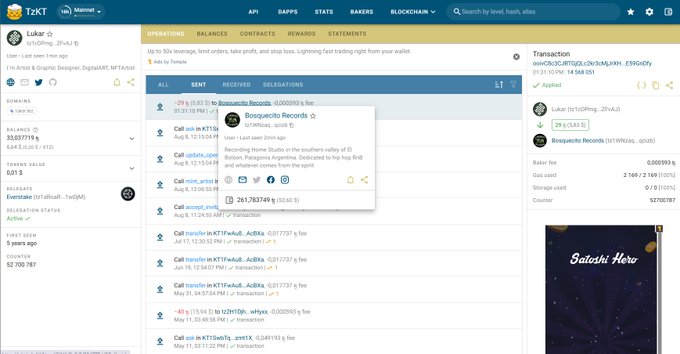 A screenshot of the TixOnT (Tix.org) interface showing operations for the address 'Lukac...' (t1cUDmp...), with a hover popup for 'Bosquecto Records' displaying user 'Lukac' and location details, against a gold-toned background.