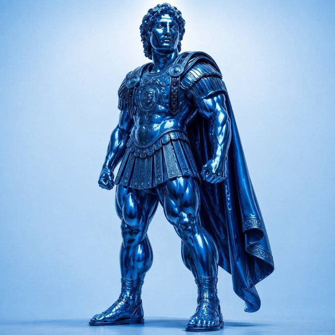 A glossy blue statue of a muscular warrior in Roman or Greek-style armor with a cape, standing against a light blue gradient background.