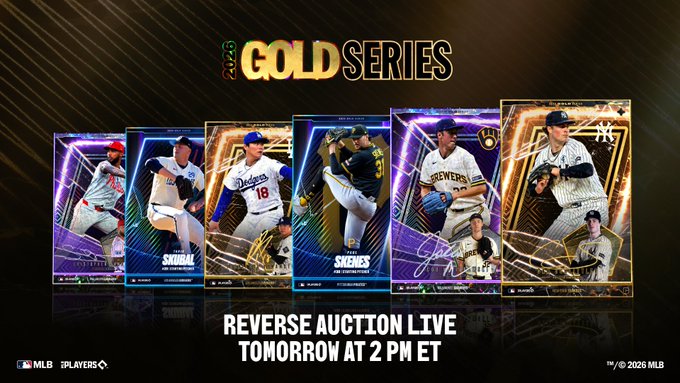 A promotional graphic for the '2025 GOLD SERIES' features baseball trading cards and text reading 'REVERSE AUCTION LIVE TOMORROW AT 2 PM ET' with MLB logos.