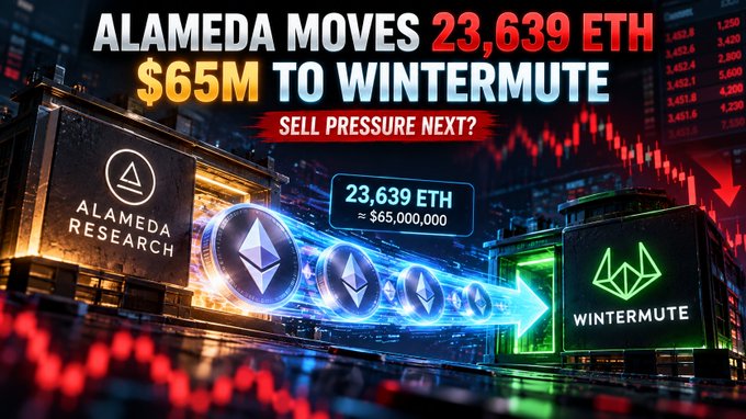 A graphic news thumbnail showing 'ALAMEDA MOVES 23,639 ETH $65M TO WINTERMUTE' with text 'SELL PRESSURE NEXT?' featuring Alameda Research and Wintermute logos.