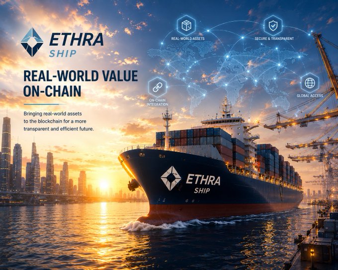A promotional banner for 'ETHRA SHIP' featuring a large container ship at sunset with the tagline 'REAL-WORLD VALUE ON-CHAIN', highlighting features like Real-World Assets, Secure & Transparent, On-Chain Integration, and Global Access against a backdrop of a world map network.