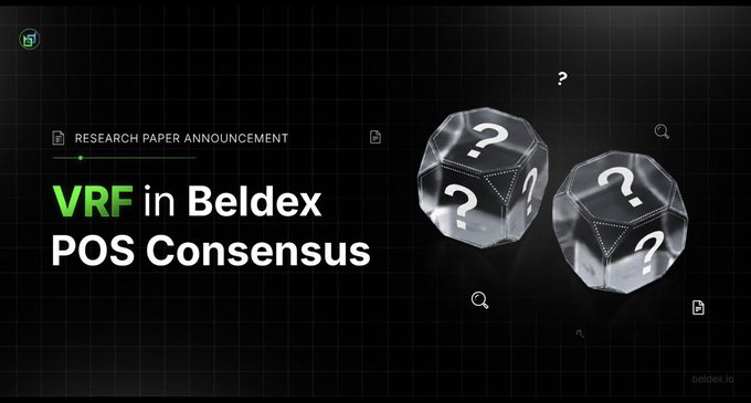 A Beldex research paper announcement graphic titled "VRF in Beldex POS Consensus" featuring two black dice with question marks.