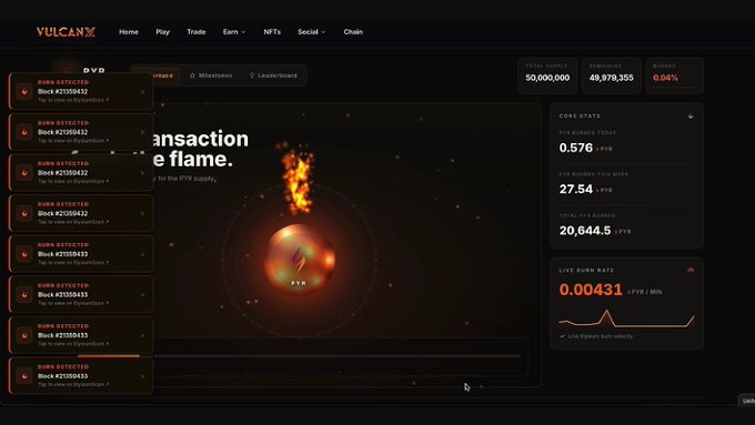A screenshot of the VulcanX web interface showing the PVE section with burn detected blocks, core stats (VYB burns 0.576, 27.54 this week, 20,644.5 total), and a live burn rate of 0.00431 VYB/MIN.