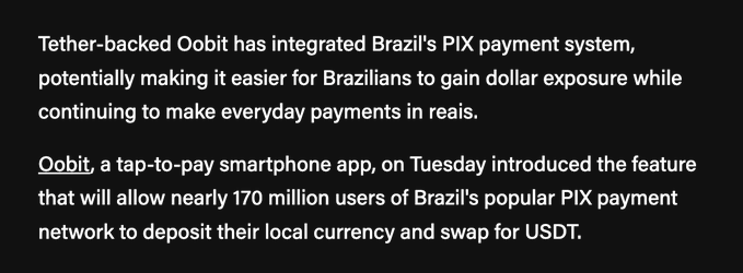 The image shows a text box containing information about an app called Oobit that has been integrated into Brazil's Pix payment system. It says that nearly 170 million users have access to this app, which allows them to make payments through the Pix network. The app is available for download and can be used on a smartphone.
