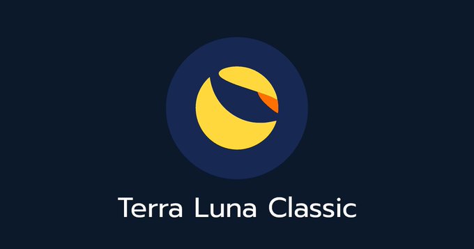A logo for Terra Luna Classic displayed on a dark blue background, featuring a stylized yellow crescent and circle design.
