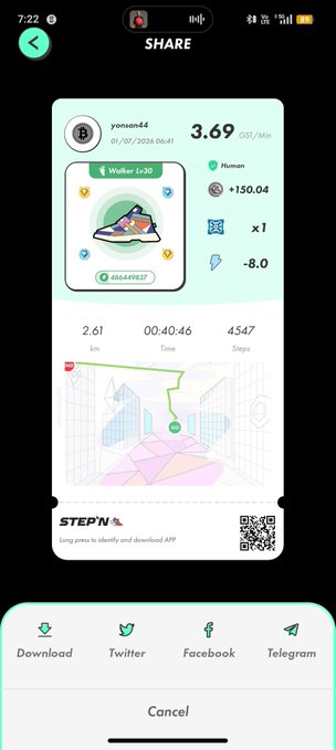 A StepN share screen for user yonasan44 featuring a Walker Lv30 sneaker at 3.69 GST/Min, +150.04, -8.0 energy, with 2.61 km, 00:40:46 time, and 4,547 steps recorded.