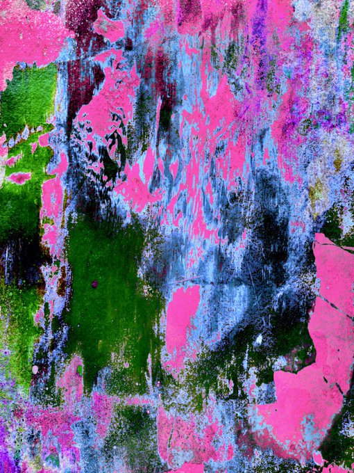 An abstract painting or texture featuring bold splashes of neon pink, green, blue, and black with a heavily weathered, dripping, and distressed aesthetic.