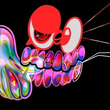 A vibrant, colorful cartoon illustration featuring a red creature character with abstract psychedelic lettering below it on a black background.