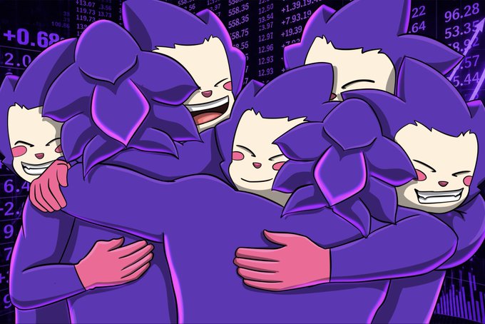 A digital illustration of several identical purple anthropomorphic characters with cat-like ears hugging each other happily, set against a background of purple-toned stock market numbers.