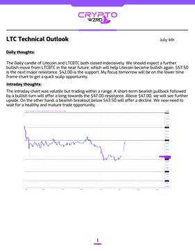 A technical analysis chart for Litecoin ($LTC/USD) dated July 4th, showing a brief bearish dip followed by a bullish rebound toward the $62 resistance level, aligning with the outlook's prediction of a short-term bearish move followed by a bullish turn offering a long opportunity.