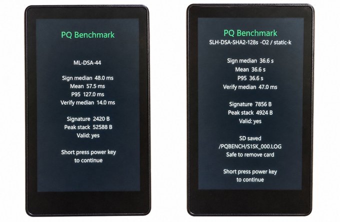Two hardware wallet screens display post-quantum cryptographic benchmark results, with the left showing ML-DSA-44 validation (Sign median 48.0ms, Verify median 14.0ms, 2420B signatures) and the right showing SLH-DSA-SHA2-128s validation (Sign median 36.6s, Verify median 47.0ms, 7856B signatures)—demonstrating that the devices are already capable of running the new quantum-resistant algorithms referenced in the post.