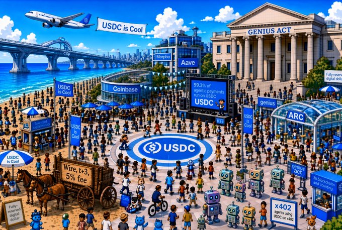 A vibrant, cartoon-style illustration depicts a bustling waterfront scene promoting USDC, featuring crowds gathered around signs reading "USDC is Cool," "Coinbase," "Aave," "GENIUS ACT," and a horse-drawn wagon advertising "Wire, t+3, 5% fee," alongside a billboard stating "99.3% of agentic payments run on USDC." The lively imagery reinforces the post's message by visually celebrating USDC's efficiency, adoption by major platforms, and its role in modern fintech, contrasting traditional slow wire transfers with faster, digital alternatives.